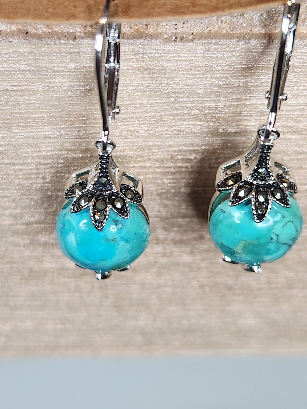 DK S925 Turquoise Bead Drop Earrings with Marcasite Lotus Flower Design Filigree